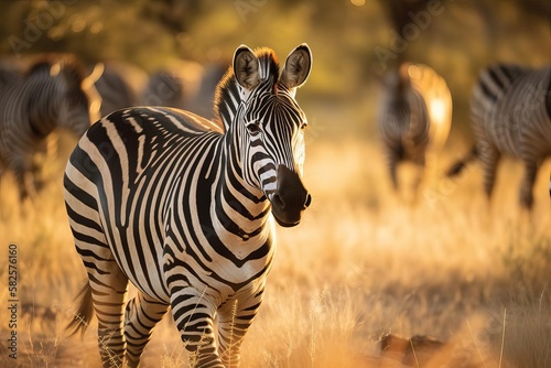 Striking Zebra Herd Grazing in the African Plains  created with Generative AI technology