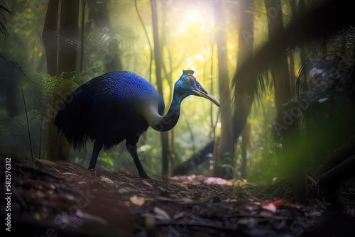 Powerful Cassowary Striding Through the Rainforest  created with Generative AI technology