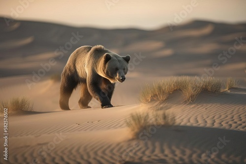 Rare Gobi Bear Roaming the Vast Mongolian Desert, created with Generative AI technology