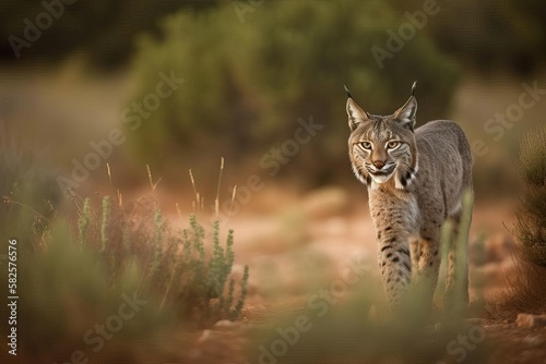 Elusive Iberian Lynx Hunting in the Mediterranean Forest, created with Generative AI technology