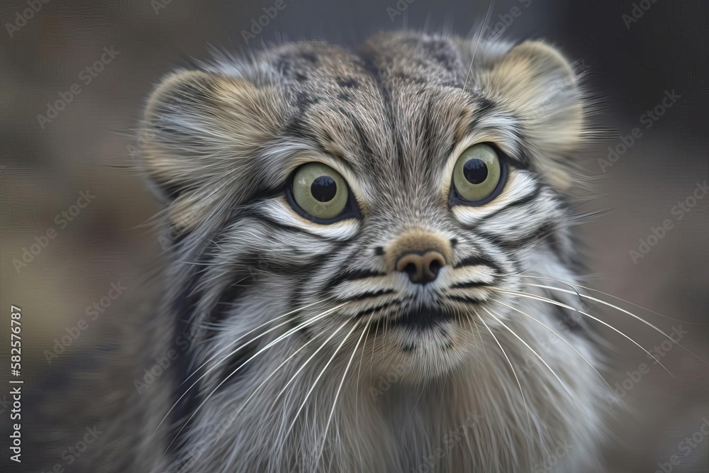 Obraz premium Mysterious Pallas's Cat Observing its Surroundings in the Central Asian Highlands, created with Generative AI technology