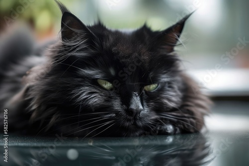 Beautiful fluffy black cat with reflection is sleeping on glass table. Generative AI © AkuAku