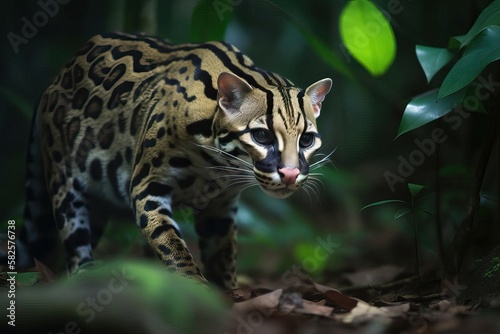 Enigmatic Ocelot in the Dense Central American Rainforest  created with Generative AI technology