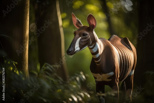 Plakat Exotic Okapi Browsing in the Dense Congo Rainforest, created with Generative AI technology
