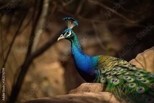 Dazzling Peacock Displaying its Iridescent Plumage, created with Generative AI technology