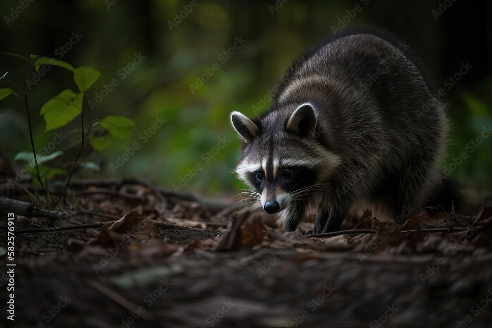 Fototapeta premium Curious Raccoon Investigating its North American Habitat, created with Generative AI technology