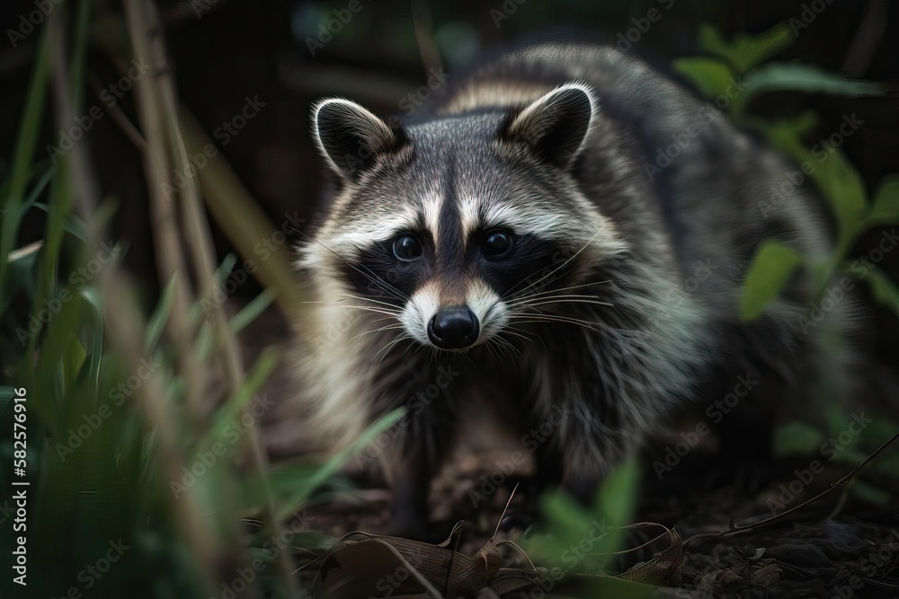 Curious Raccoon Investigating its North American Habitat, created with Generative AI technology