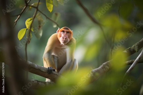 Comical Proboscis Monkey Lounging in the Borneo Mangroves, created with Generative AI technology photo