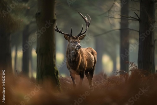 Graceful Reed Deer Grazing in the European Woodlands, created with Generative AI technology