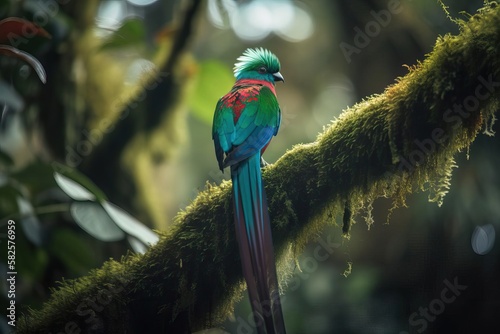 Resplendent Quetzal Flaunting its Vibrant Plumage in the Central American Cloud Forest, created with Generative AI technology
