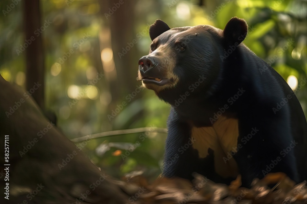 Curious Sun Bear Exploring the Southeast Asian Rainforest, created with Generative AI technology Curious Sun Bear Exploring the Southeast Asian Rainforest, created with Generative AI technology