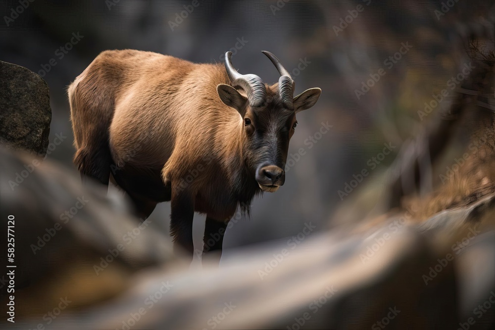 Impressive Takin Navigating the Rugged Himalayan Mountains, created with Generative AI technology Impressive Takin Navigating the Rugged Himalayan Mountains, created with Generative AI technology