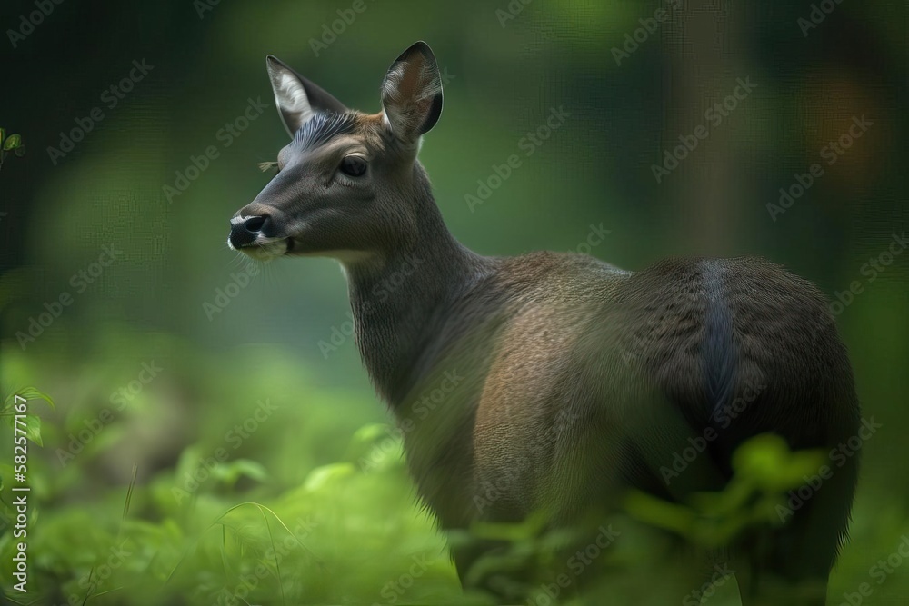 Elegant Tufted Deer Grazing in the Asian Mountain Forests, created with Generative AI technology