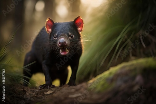 Fierce Tasmanian Devil Prowling in the Australian Bush, created with Generative AI technology