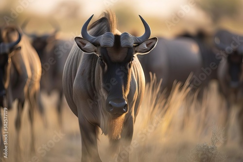 Thundering Wildebeest in the African Savannah, created with Generative AI technology