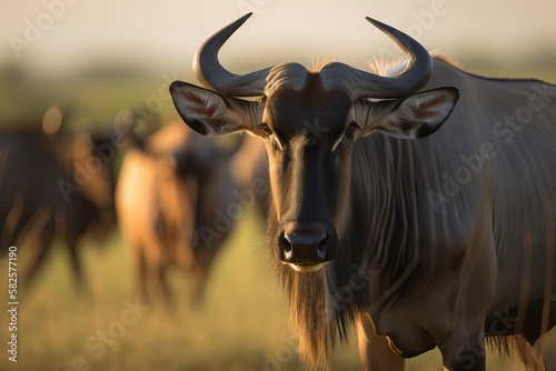 Thundering Wildebeest in the African Savannah, created with Generative AI technology