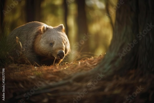 Endearing Wombat Burrowing in the Australian Bushland, created with Generative AI technology