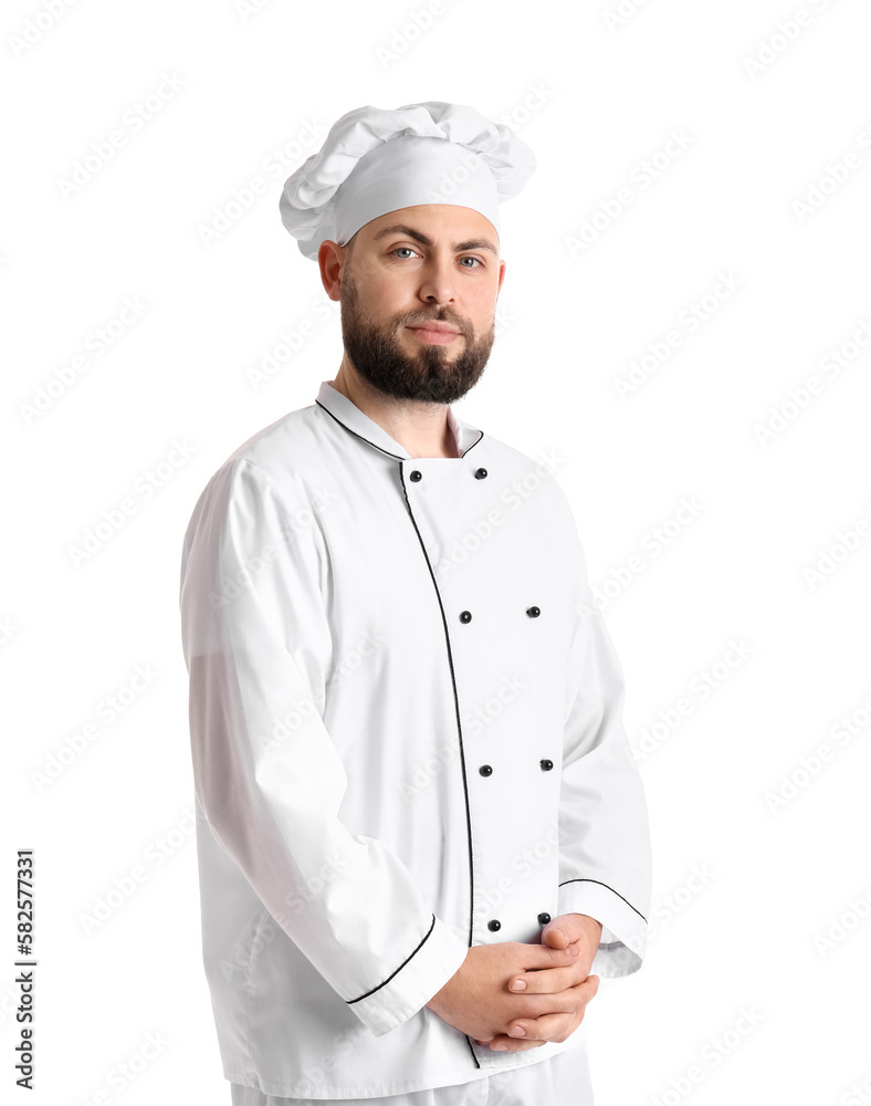 Male baker in uniform on white background