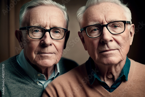 Portrait of couple of two smiling grandparents looking at camera. Two elderly individuals who have overcome adversity to find happiness in each other's company. Lasting friendship. Generative AI.