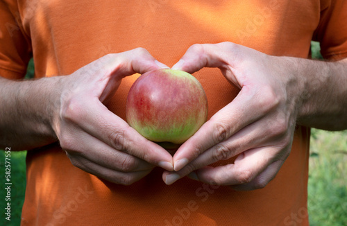 Man's hands with apple, making heart shape on apple. Healthy lifestyle concept photo