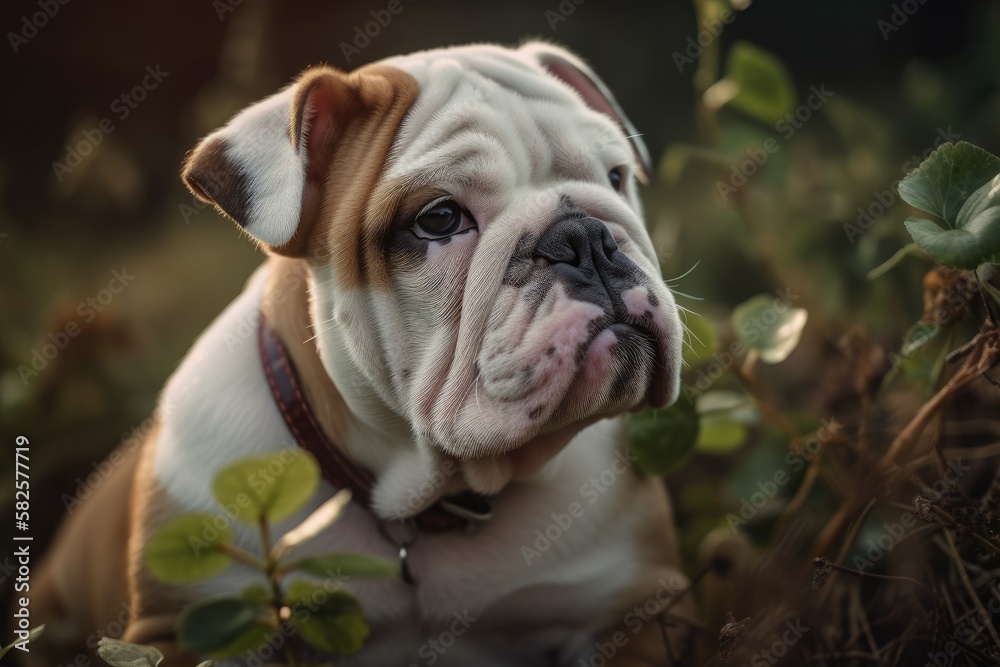 Bulldog pup is content living on the greensward. Generative AI