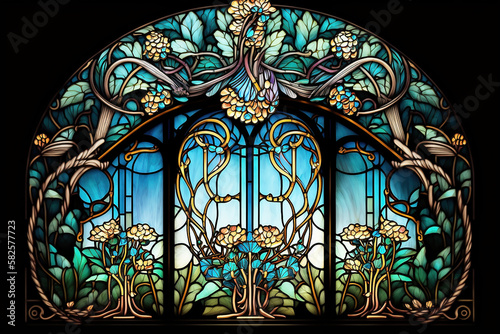 Art nouveau style stained glass window with vines and plants.  Generative AI. photo