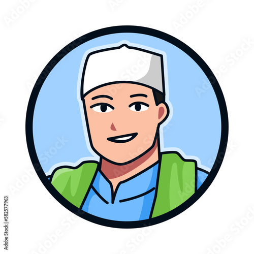 Close-up portrait of a Muslim male character wearing a Muslim cap, kopiah, songkok. round, circle avatar icon for social media, user profile, website, app. Line cartoon style. vector illustration.