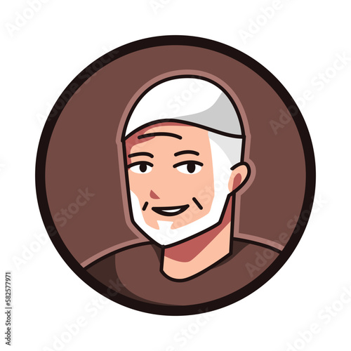 close-up portrait of muslim male character wearing muslim cap, taqiyah. round, circle avatar icon for social media, user profile, website, app. Line cartoon style. vector illustration.