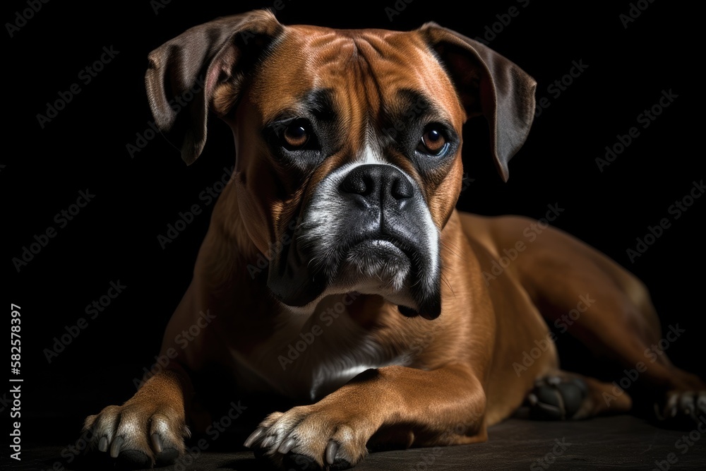 Gorgeous Boxer dog on a black background. Generative AI