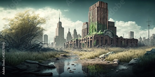 abandoned crumbling cityscape with skyscrapers and buildings overtaken by nature and wildlife  concept of Urban Decay and Nature Reclamation  created with Generative AI technology