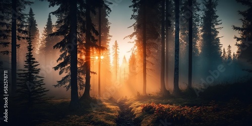 Misty forest with sun rising in distance representing beauty of new day, concept of Renewal and Enchantment, created with Generative AI technology © koldunova