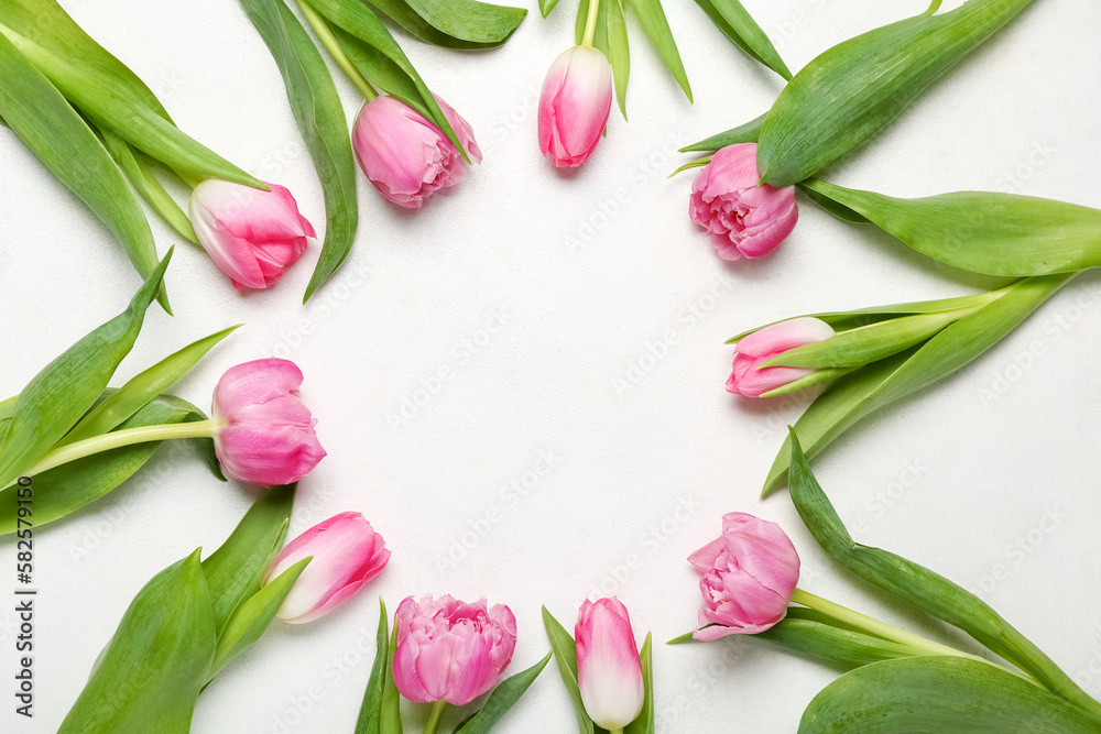 Frame made of beautiful tulip flowers on light background. Mother's Day celebration Frame made of beautiful tulip flowers on light background. Mother's Day celebration