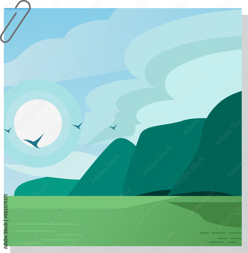 Water lake and hills landscape. Morning water lake panorama, water lake and hills silhouettes. Vector hills hiking background