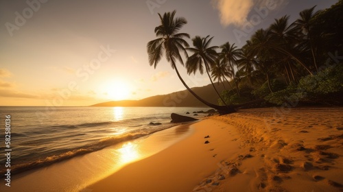 Tropical vacation sunset on the beach. Ocean sandy shore at dawn. © Fox Ave Designs