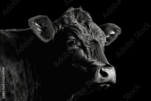 Angus heifer portrait in monochrome with right side empty space. Generative AI
