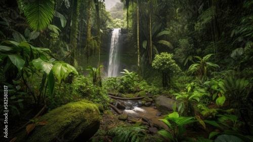 Waterfall in the jungle rainforest. River amongst palm trees and plants. Tropical landscape.