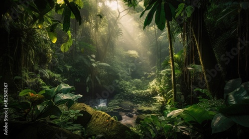 Waterfall in the jungle rainforest. River amongst palm trees and plants. Tropical landscape. © Fox Ave Designs