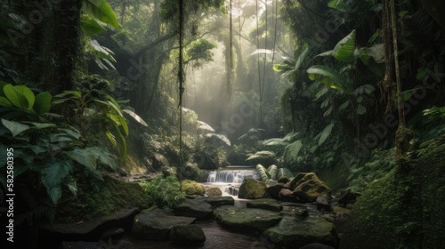 Waterfall in the jungle rainforest. River amongst palm trees and plants. Tropical landscape.