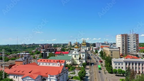 Vinnytsia, Ukraine cityscape on sunny bright day. Beautiful urban architecture around the river Pivdennyi Buh. Top view. photo