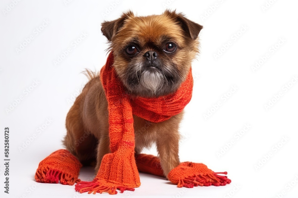 Brussels Griffon dog breed, isolated on white, wearing a red knit scarf and boots. Generative AI Brussels Griffon dog breed, isolated on white, wearing a red knit scarf and boots. Generative AI