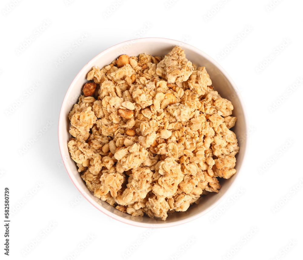 Bowl of tasty granola on white background Bowl of tasty granola on white background