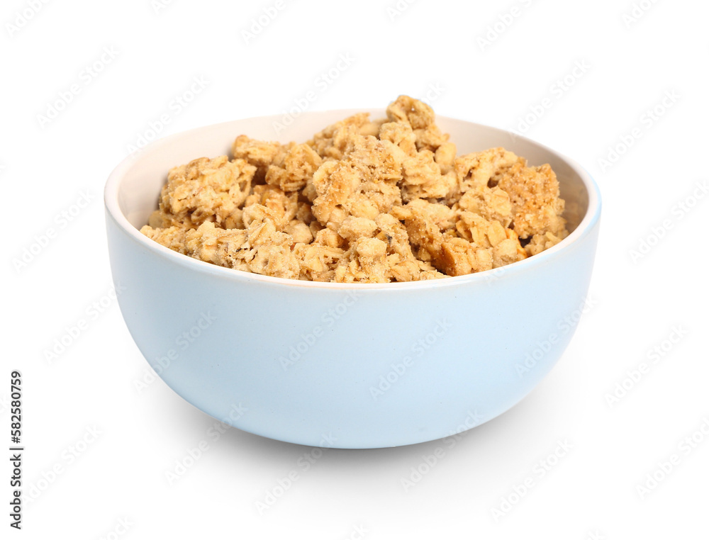 Bowl of tasty granola on white background Bowl of tasty granola on white background