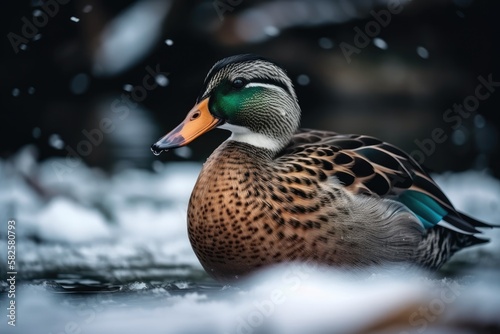 A colorful wild duck on a winter lake. Generative AI © AkuAku