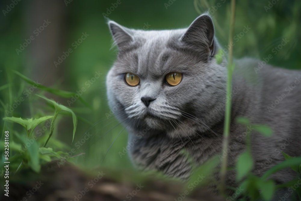 Grey adult cat breed On the nature in the summer, British Shorthair. Generative AI Grey adult cat breed On the nature in the summer, British Shorthair. Generative AI