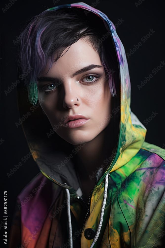 Eye-Catching Androgynous Teen Model with Coloured Hair for Fashion and Beauty Photography - Pop Culture, Beauty, LGBTQ+ Generative AI