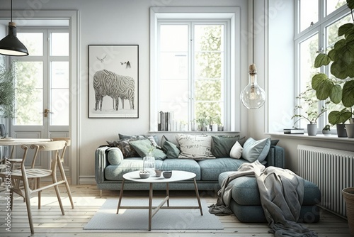 Modern scandinavian living room interior - 3d render Generative AI © ChaoticMind