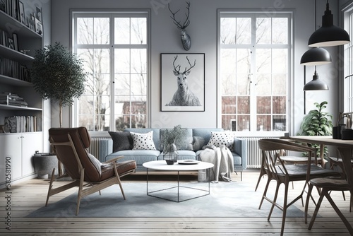 Modern scandinavian living room interior - 3d render Generative AI © ChaoticMind