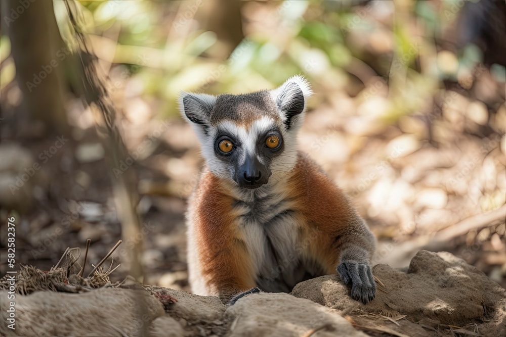 Lemur found only in Madagascar. Lemur with a red belly in a jungle. Lemur on the ground in detail. Primates rest in their natural environment. Generative AI
