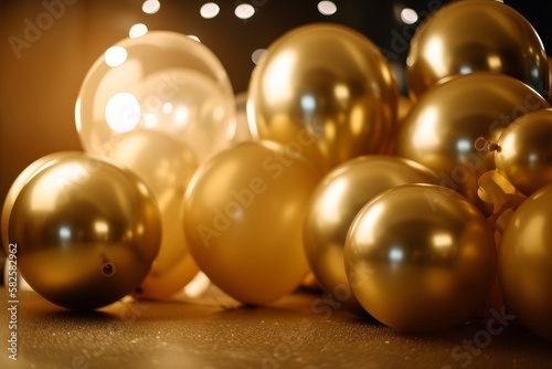 Celebration Decorations with Light Gold Color Balloons on Defocused Background, Generative AI