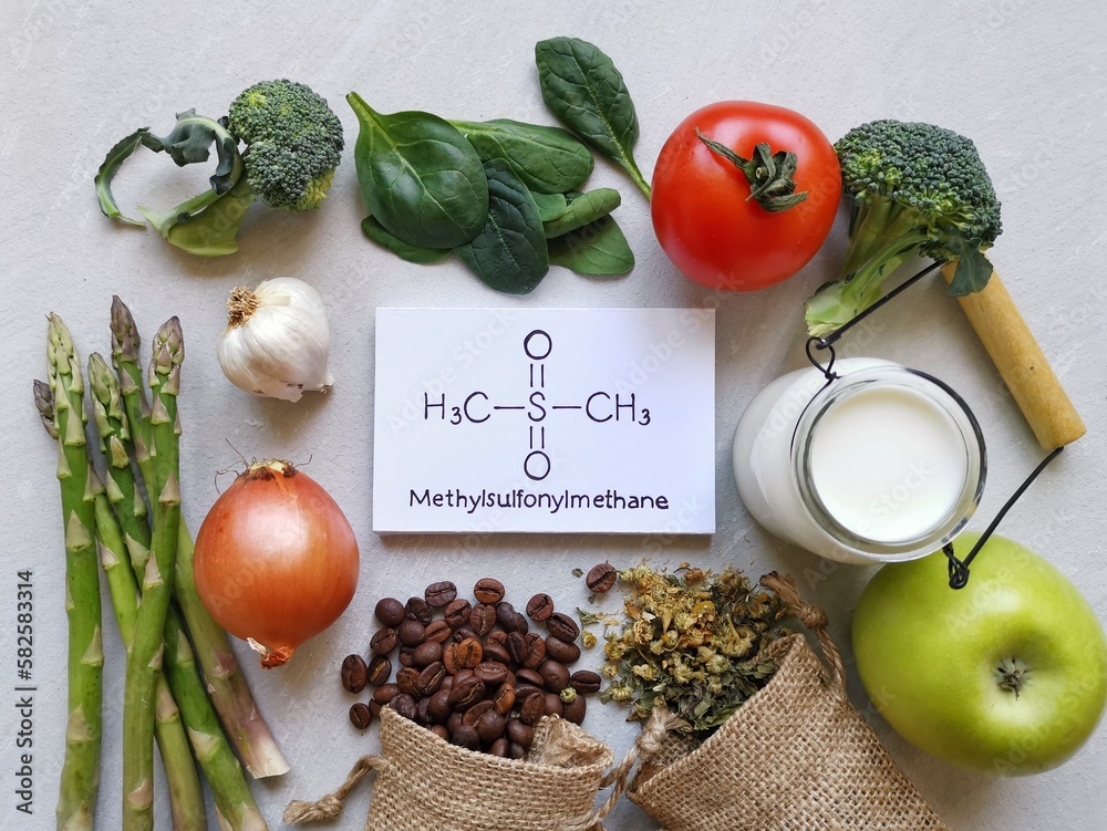 Foods high in methylsulfonylmethane with chemical structural formula of